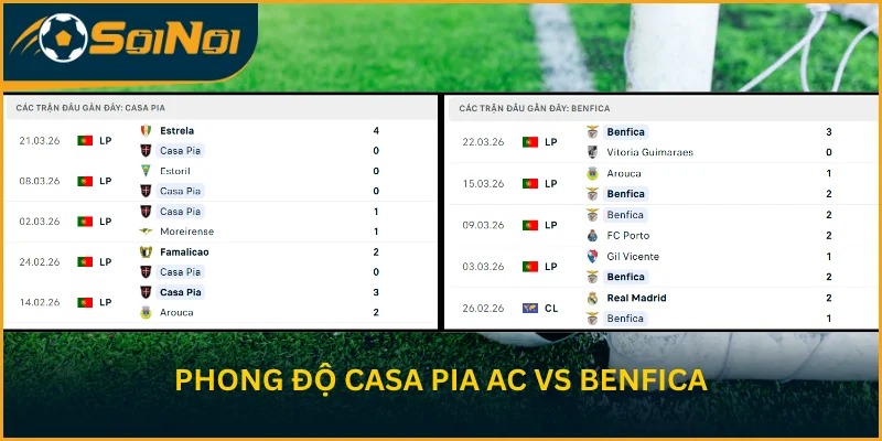 Hiệu suất thi đấu gần đây của Casa Pia AC và Benfica