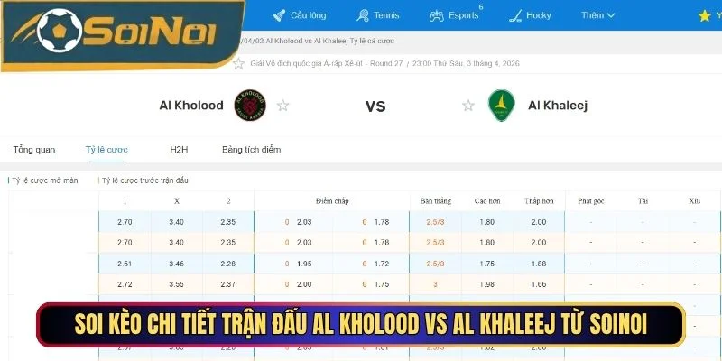 Soi kèo chi tiết trận đấu Al Kholood vs Al Khaleej từ SoiNoi